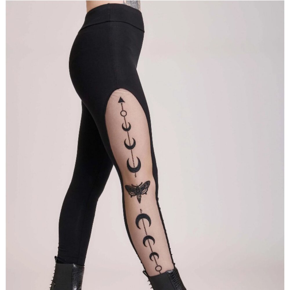 Midnight Hour Embroidered Moon Phase Death's Head Moth Mesh Panel Leggings